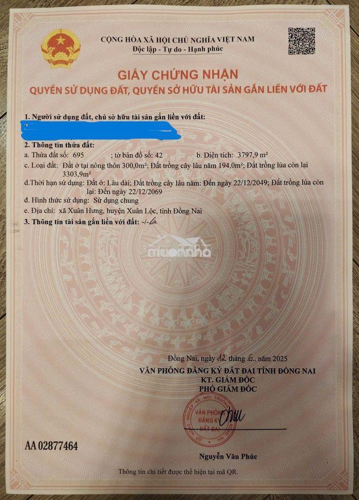 BÁN ĐẤT CHÍNH CHỦ MẶT TIỀN QL1A, XÃ XUÂN HƯNG. H. XUÂN LỘC. T. Đ NAI