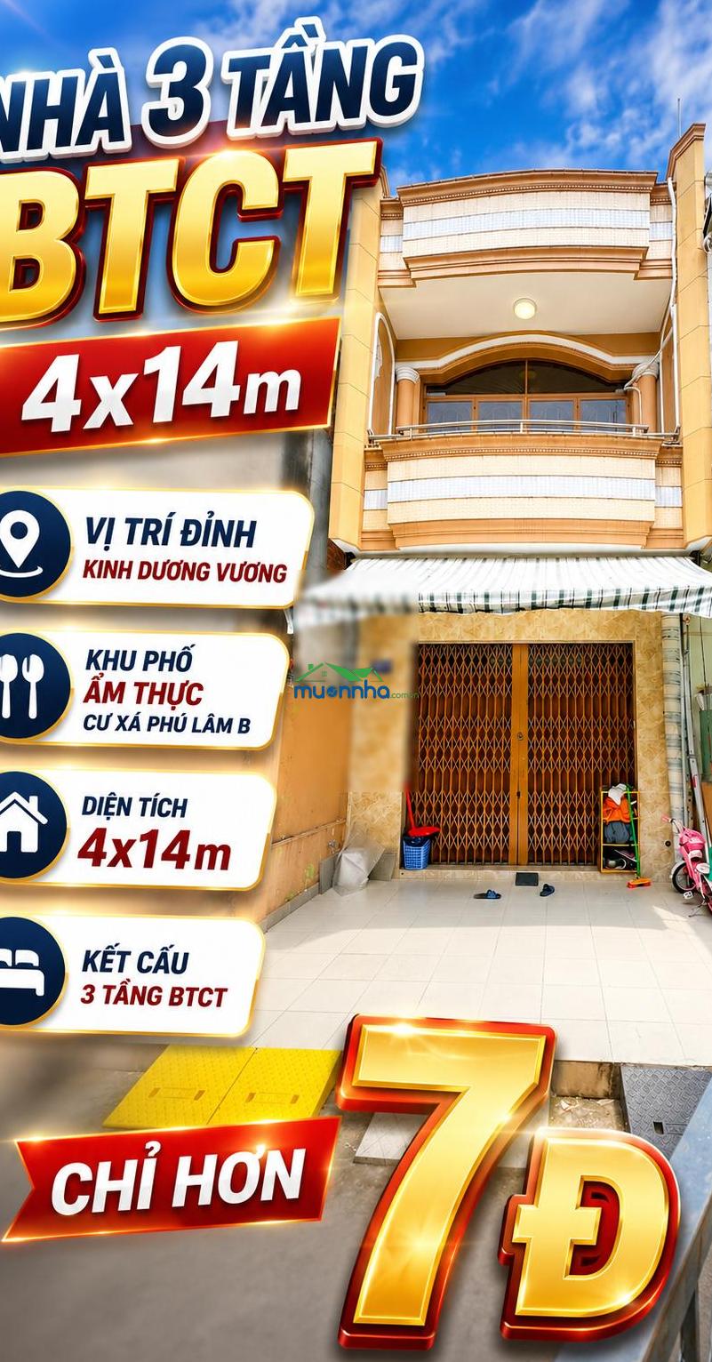 Nhà ngon kinh dương vương - ngay khu ẩm thực cư xá phú lâm b - 3 tầng + sân thượng - chỉ 7.5 tỷ