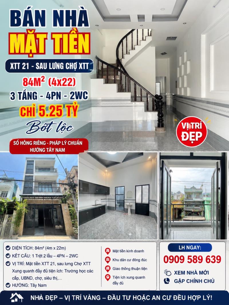 Bán nhà mặt tiền xtt 21, xuân thới thượng, hóc môn – 84m² – 3 tầng – 4pn – giá 5,25 tỷ