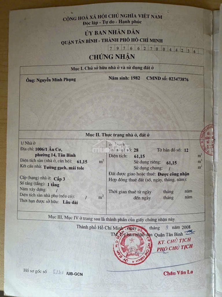 Gửi môi giới hh 100tr, 1006/1 âu cơ, tân bình 8.95 tỷ, 3 tầng.