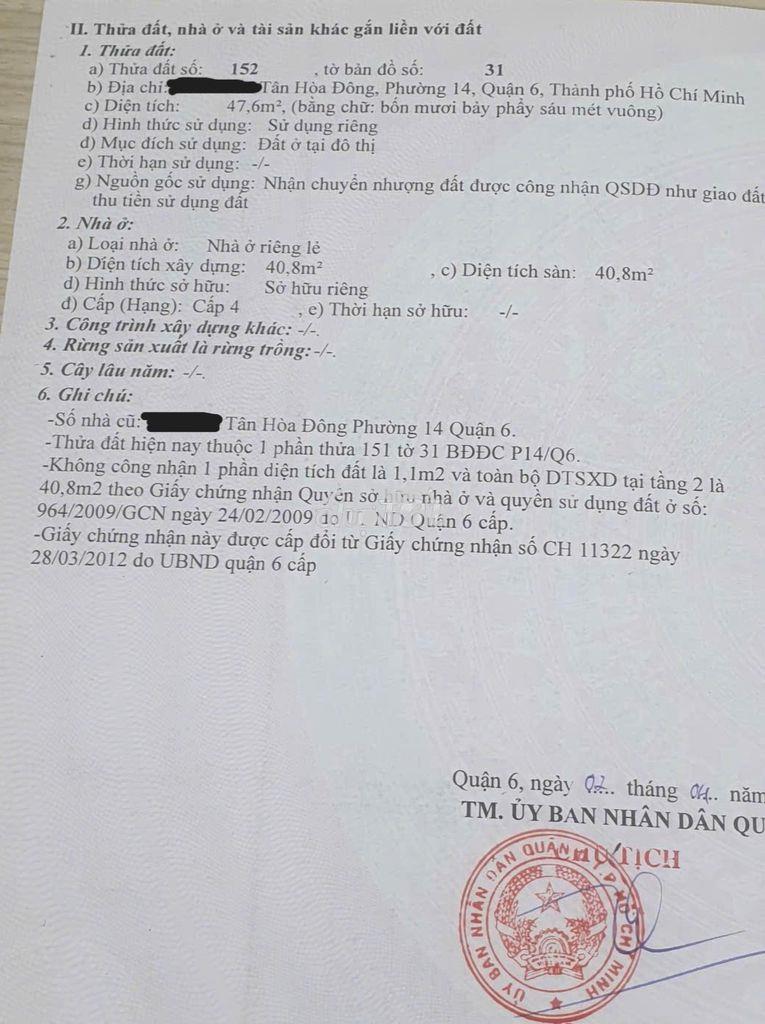 Bán nhà hẻm 3m (bg) tân hòa đông, p.14, q.6, 5,2 tỷ - 2