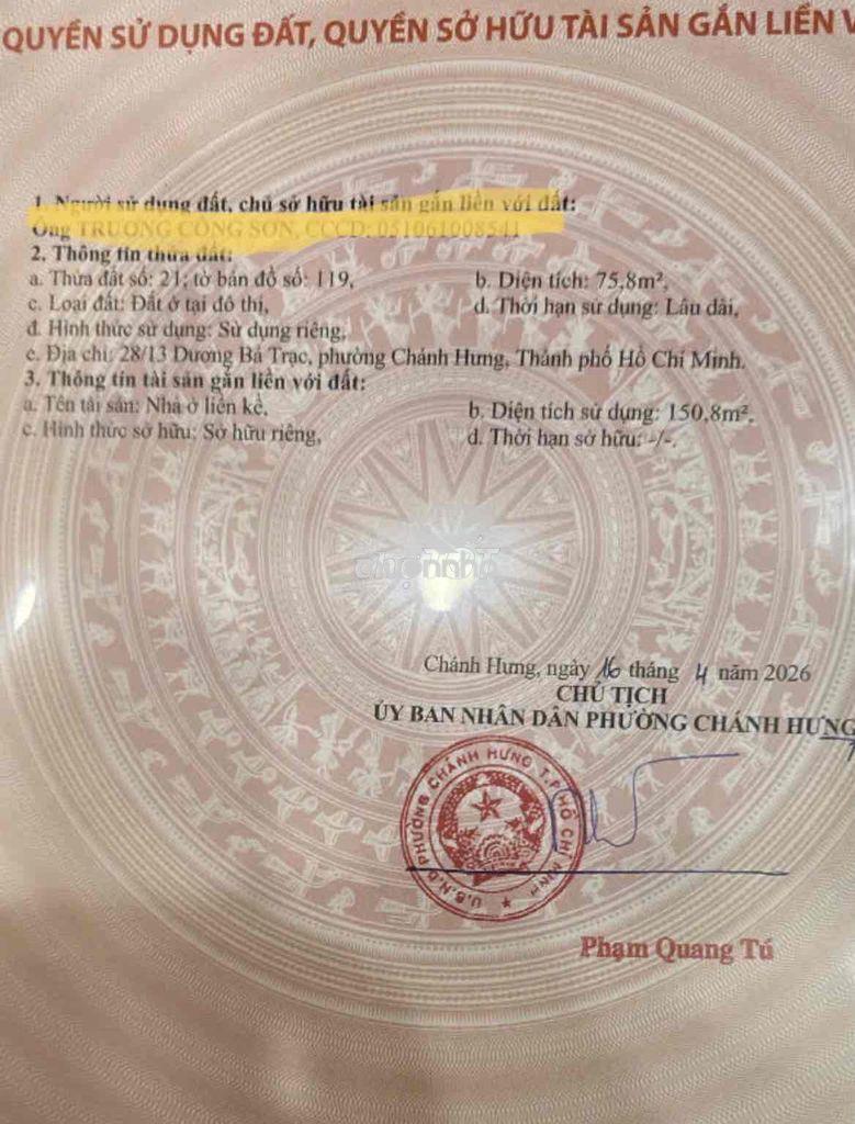 1% ) 28/13 dương bá trạc quan 8, hẻm xe hơi 4m, ngang 4x19m 1 lầu - 2