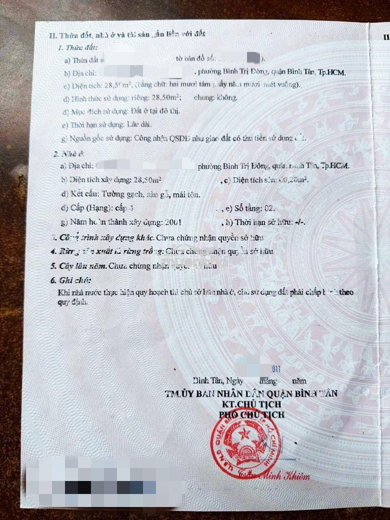 Nhà bình tân 30m2, p.bình trị đông, hẻm 3m thông, ko lỗi, ko quy hoạch