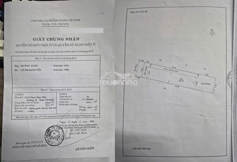Nhà 5x33m hẻm 8m thông thoại ngọc hầu - lũy bán bích