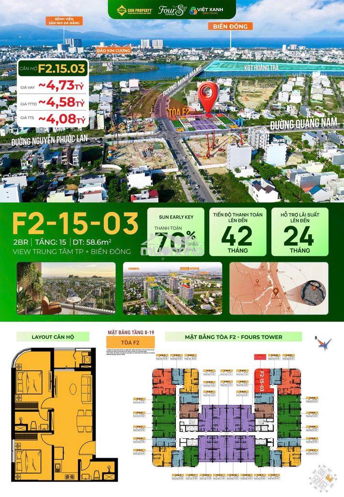 Cơ hội đầu tư căn góc 2pn fours chỉ với 1.3tỷ. dt: 59m2-2pn view biển